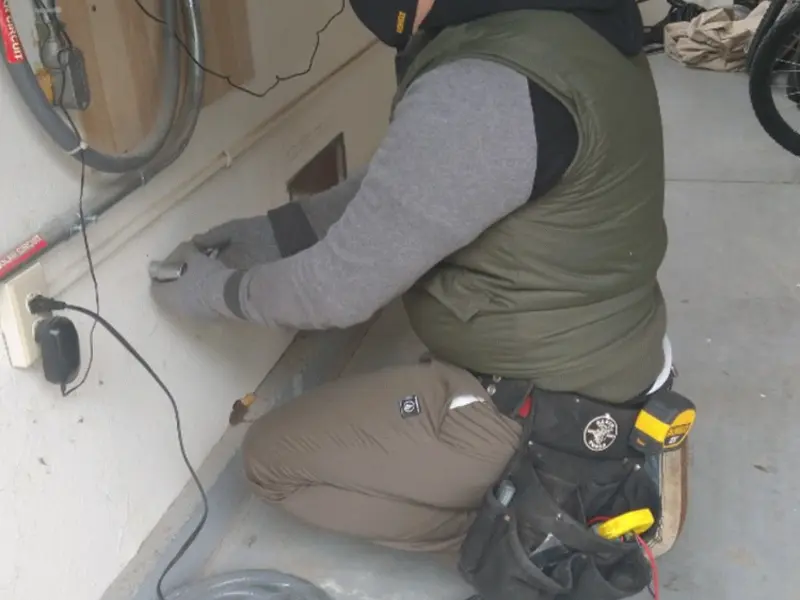 Electrician performing outlet wiring in a Sutton garage